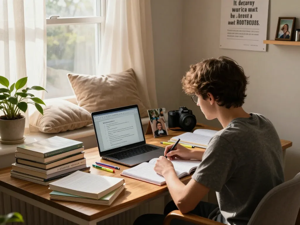 Student, der sich auf Hausaufgaben lösen in einem gemütlichen Studienraum voller Lehrbücher und warmem Sonnenlicht konzentriert.