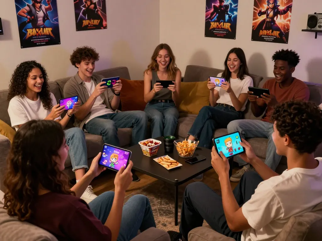 Young adults enjoying free mobile porn games in a cozy gaming lounge.