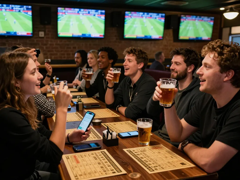 F168 players celebrating winning sports bets in a lively pub atmosphere.