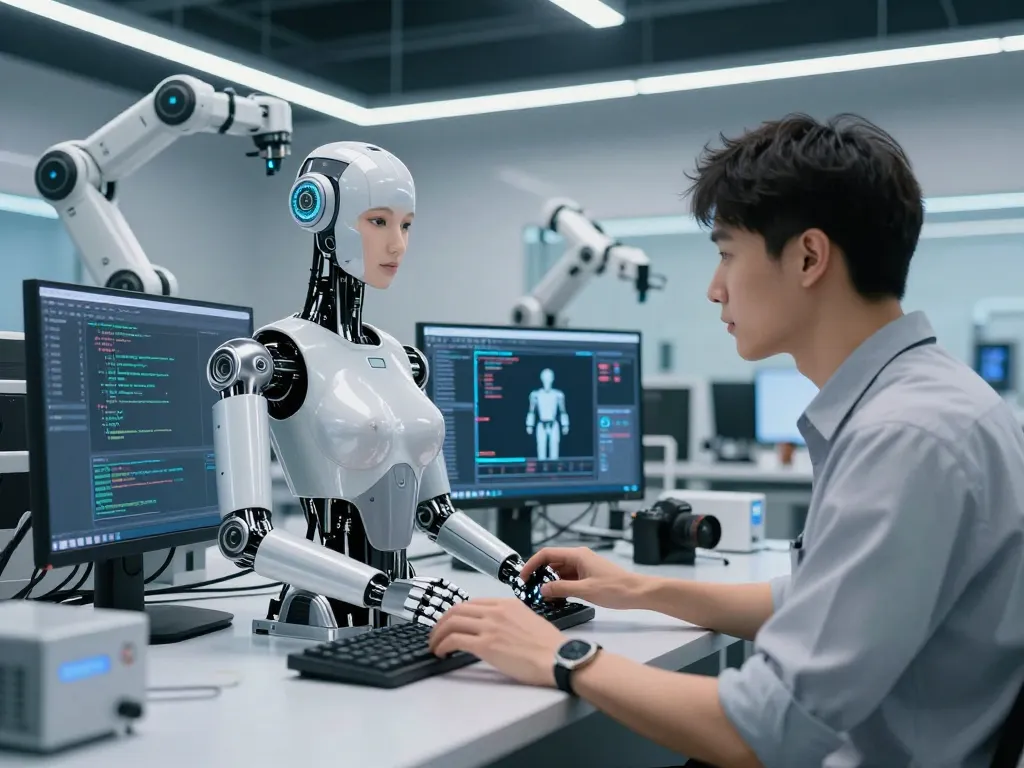Engineer programming a sex bot prototype in a high-tech robotics lab.