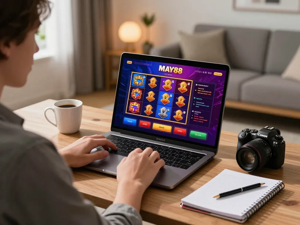 MAY88 player engaged in exciting online casino games at home, showcasing vibrant games and responsible gambling.