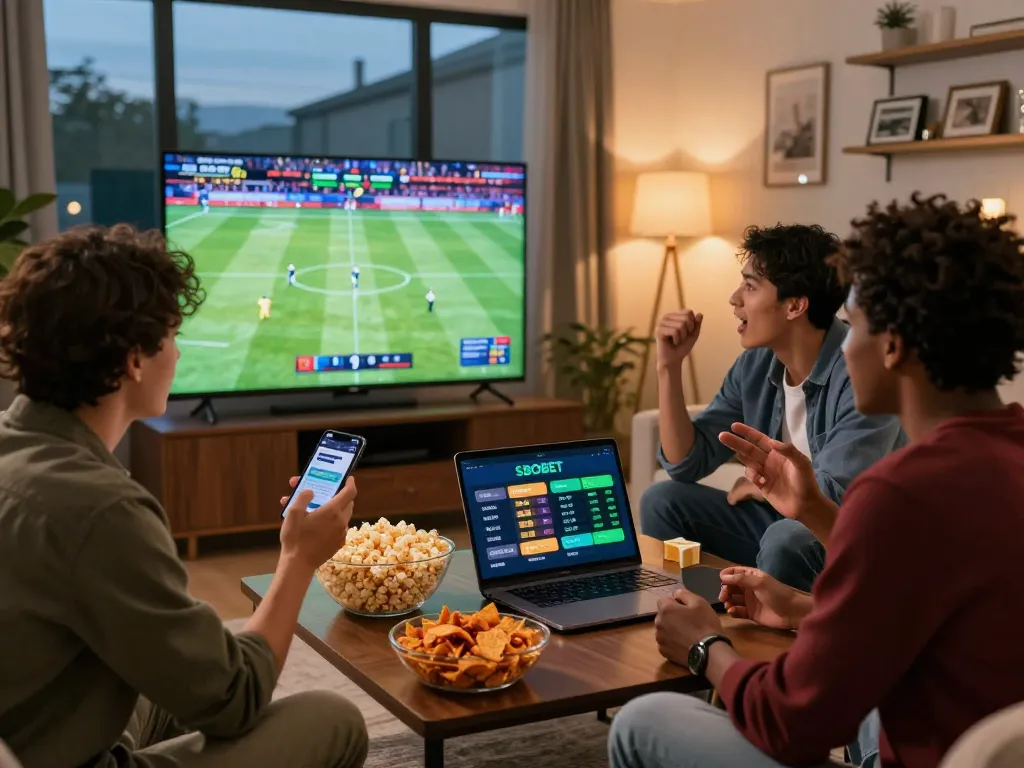 Friends enjoying sports match while engaging in SBOBET betting strategies.