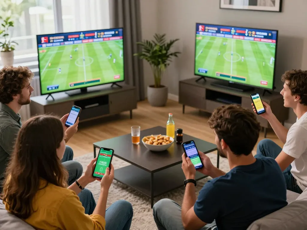 Exciting sports betting experience at GO8 with friends enjoying Bundesliga games and betting apps.