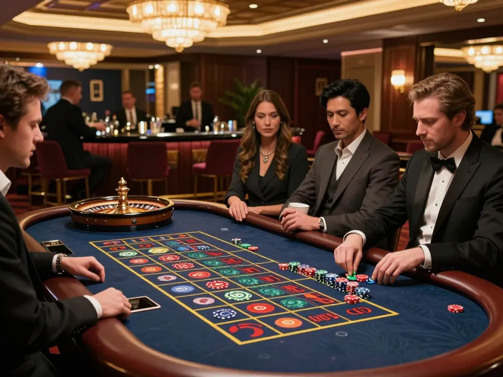 Engaged players placing bets on lc 88 roulette with vibrant chips in luxurious casino ambiance.