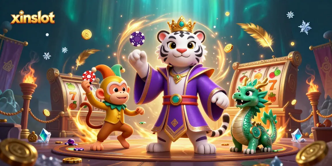 xinslot showcases an energetic casino scene with a regal tiger and monkey entertaining amidst dynamic slot game elements.