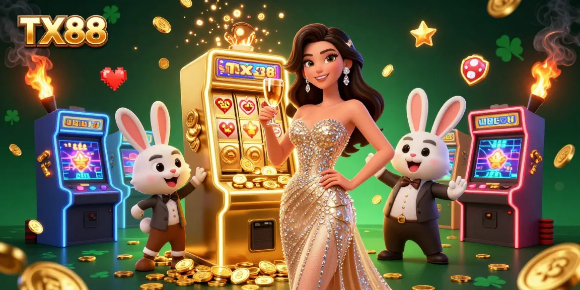 Experience excitement at TX88 with a glamorous jackpot scene featuring a stunning woman and a dynamic bunny croupier.