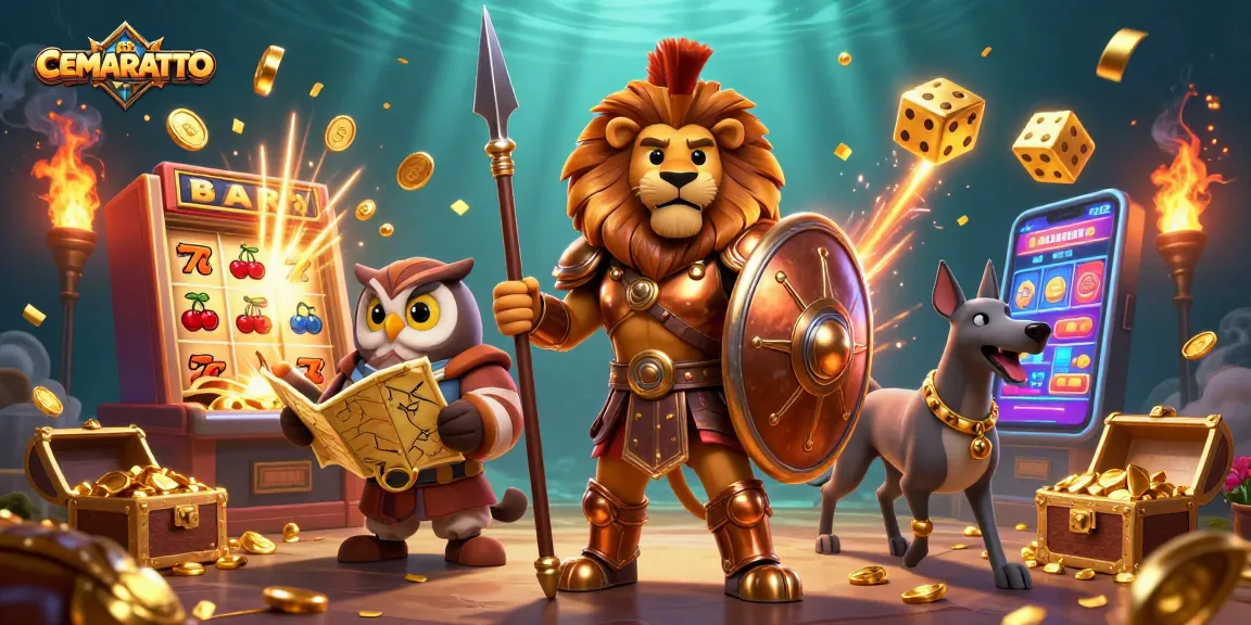 CEMARATOTO offers thrilling casino gameplay with a vibrant 3D scene depicting action-packed slot machines and animated characters.