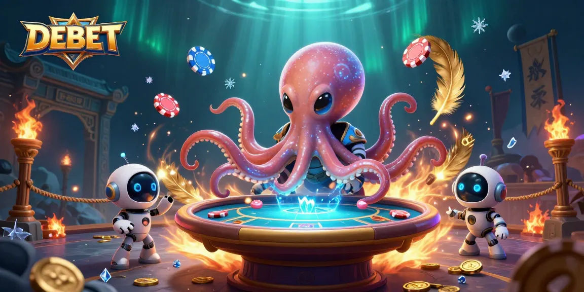 Join the exciting world of DEBET gambling with a vibrant 3D scene of poker, chips, and cosmic characters.