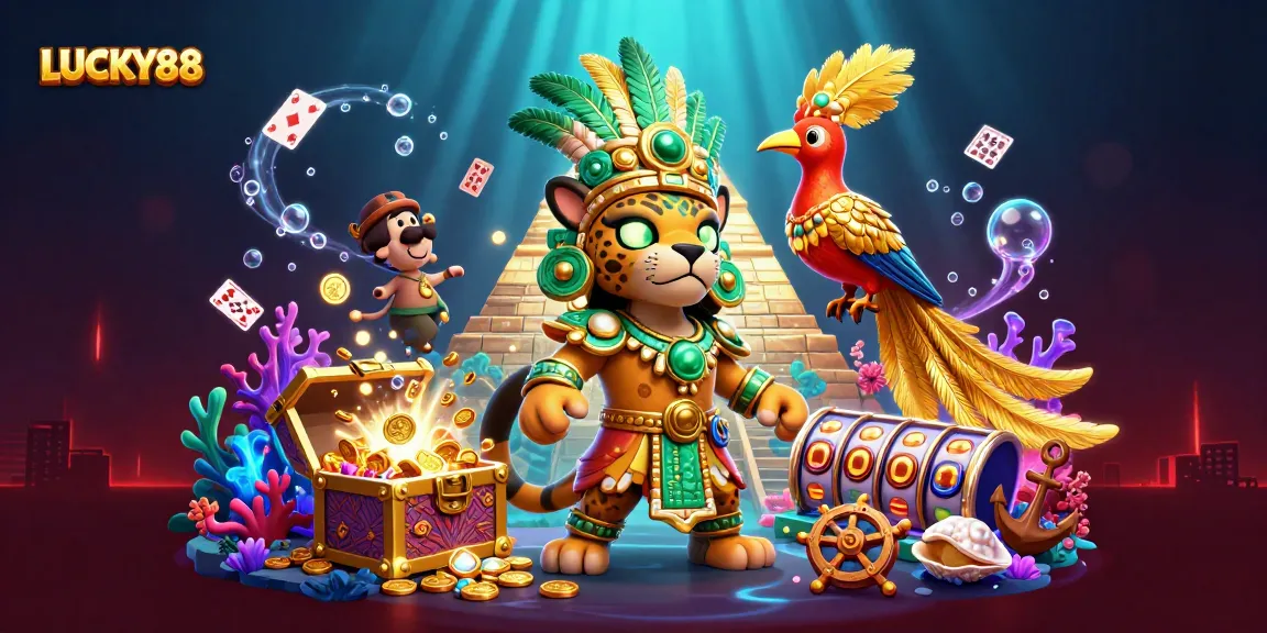 Spin to win on LUCKY88 with vibrant slot reels and charming Mayan characters.