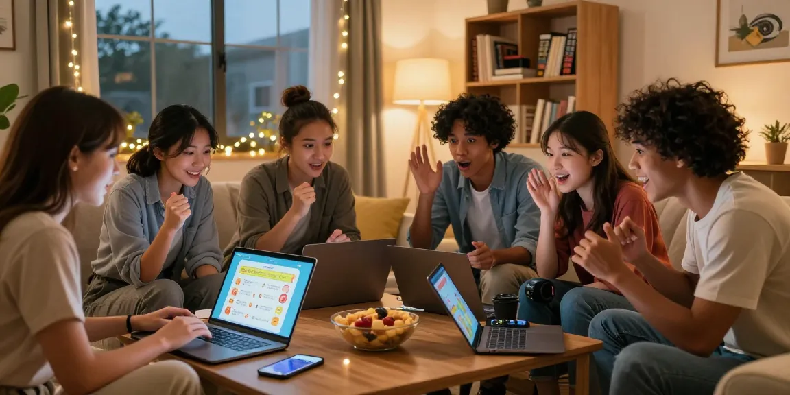 A lively group enjoying a Quiz Allgemeinwissen game night with laptops and snacks in a cozy living room.