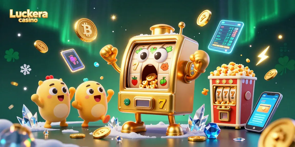 Luckera Casino: Jackpot feiernde goldene Spielmaschine mit fröhlichen Mini-Spielmaschinen und Popcornmaschine