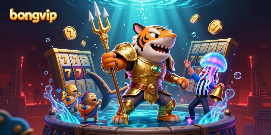 Bongvip enhances excitement with a fierce shark gladiator amidst thrilling casino elements.