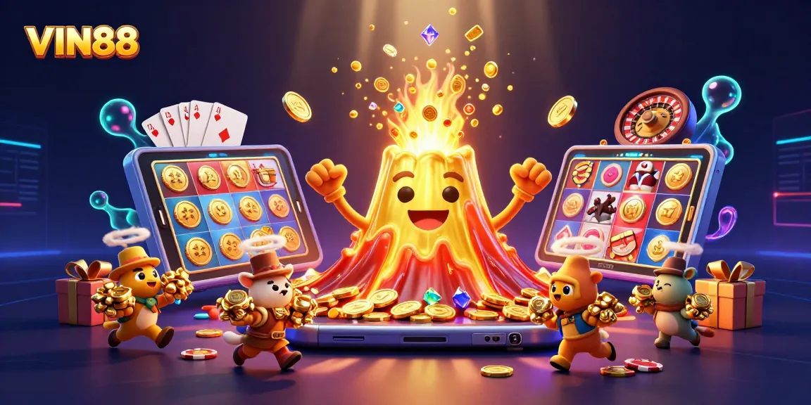 Experience exciting wins with VIN88 in this vibrant casino illustration featuring a triumphant volcano.