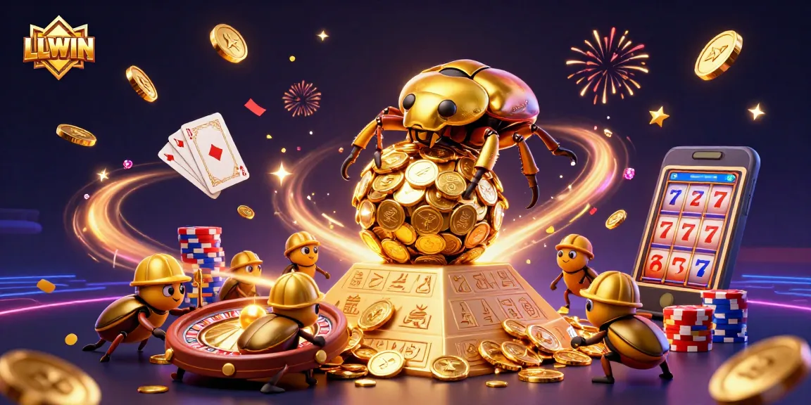 Experience LLWIN's thrilling online gaming realm with vibrant golden coins and casino elements.