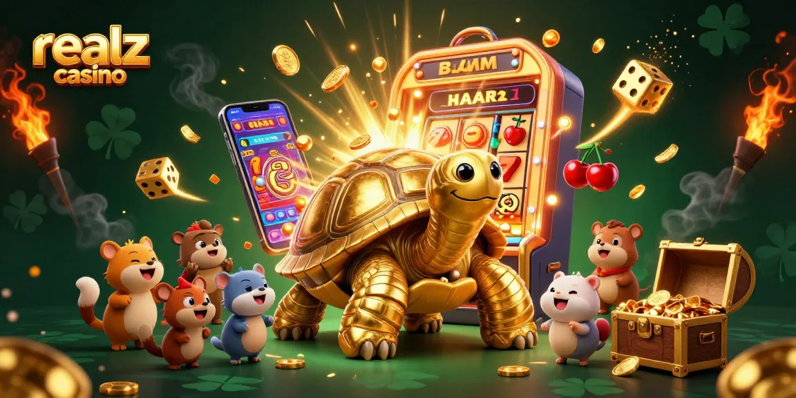 Experience realz casino excitement with a vibrant 3D illustration of gaming symbols and lively characters.