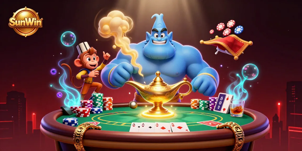 Experience thrilling gameplay at SunWin with a vibrant casino scene featuring a genie, monkey, and magic carpet.