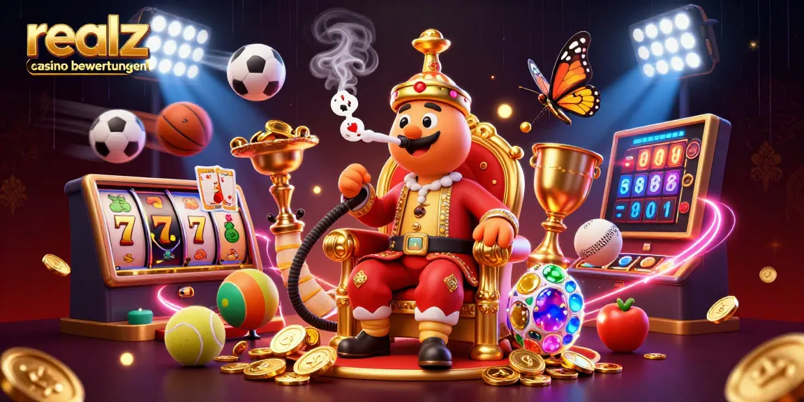 Realz Casino Bewertungen: Fantastische 3D-Illustration mit Spielautomaten und einzigartigen Charakteren.
