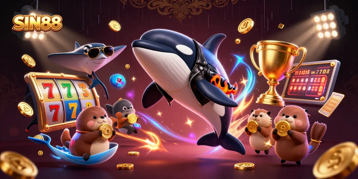 SIN88 features a vibrant 3D illustration with a dynamic orca whale and lucky slots, capturing thrilling casino excitement.