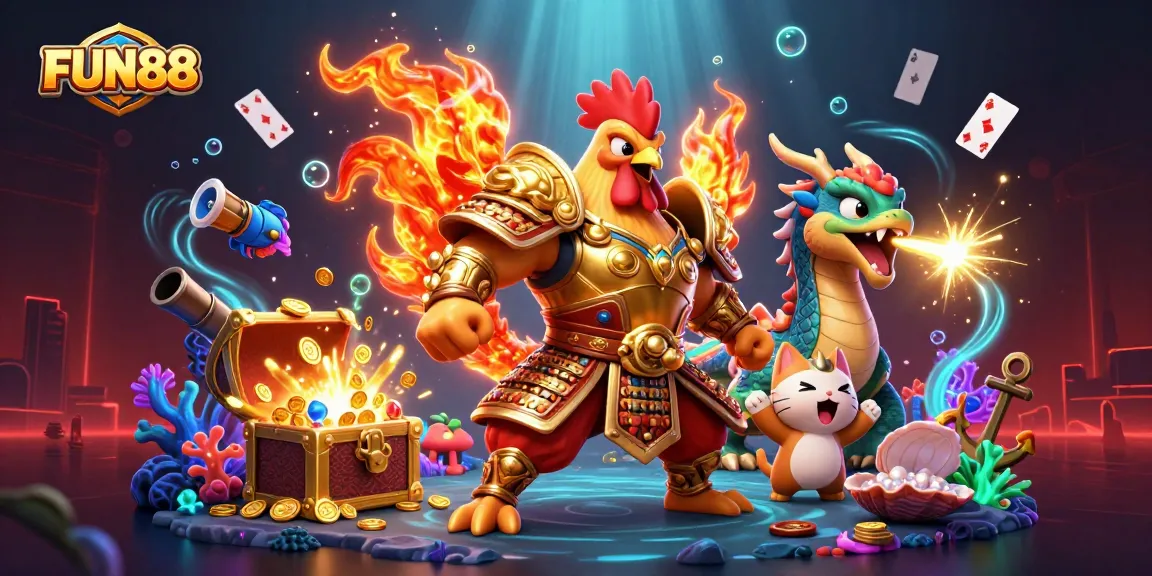 Experience the excitement of FUN88 with powerful characters, treasure, and vibrant casino elements.