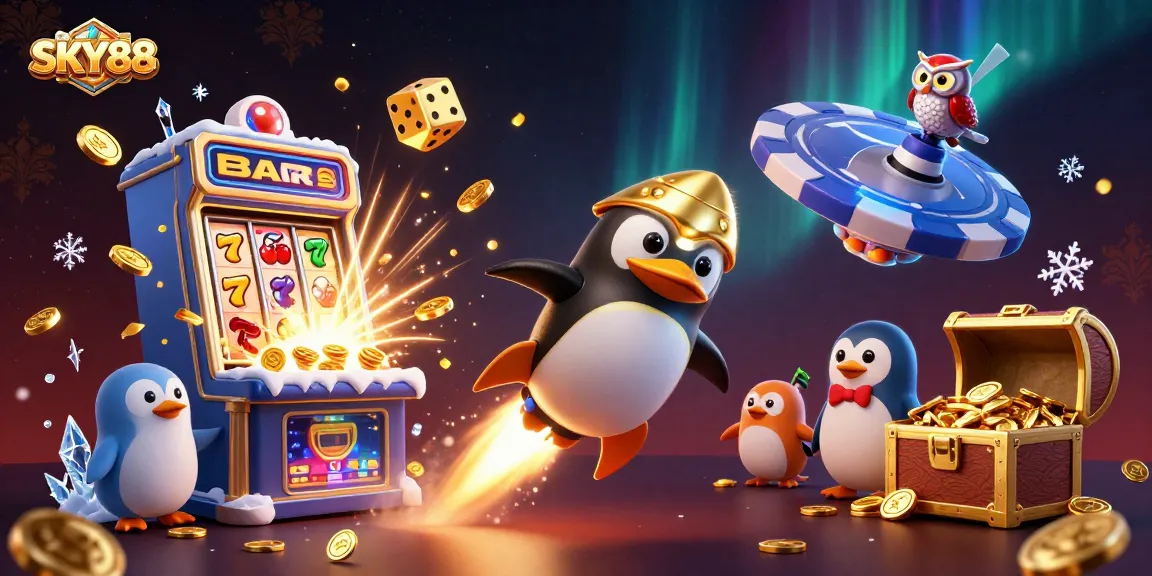 Join exciting games at SKY88 Casino featuring a golden penguin and vibrant jackpot elements.