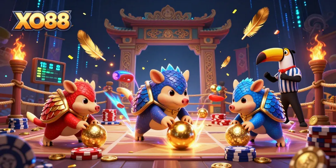 Engage in thrilling gameplay with XO88, featuring dynamic pangolin rivals bowling golden balls amidst poker chips.