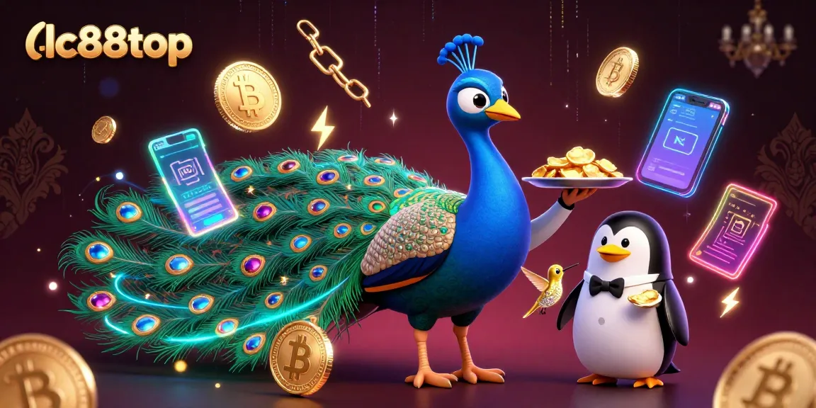 Experience vibrant casino dynamics with lc88top featuring a peacock, penguin, and hummingbird amid crypto symbols.