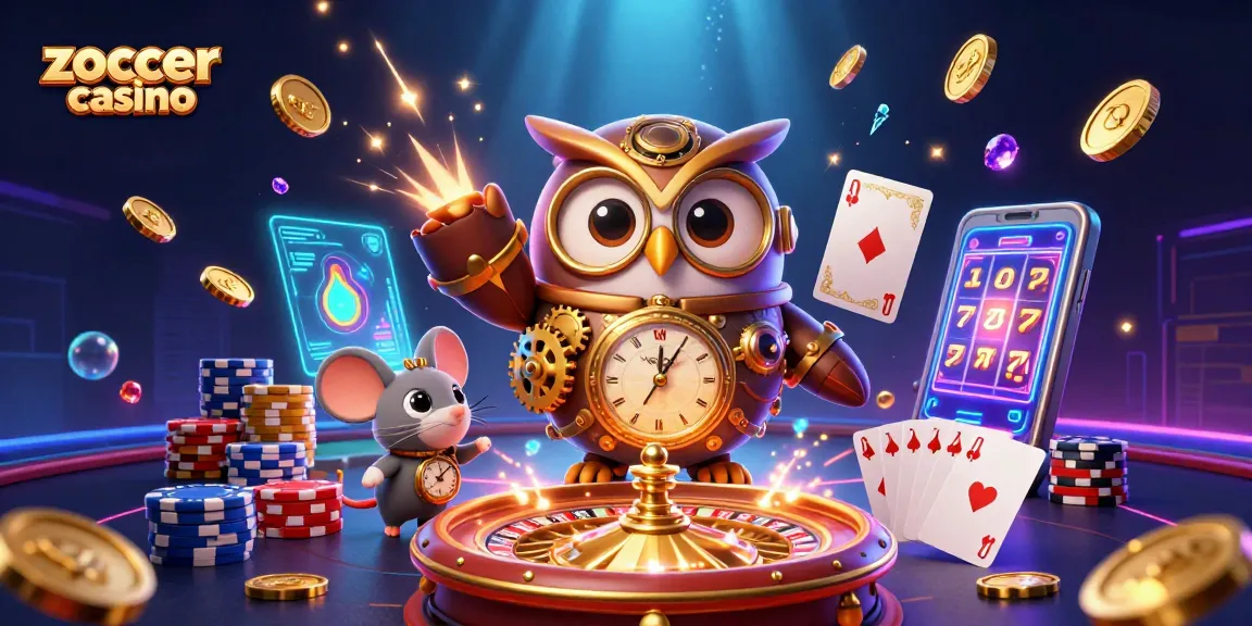 Zoccer casino offers thrilling gameplay with vibrant 3D visuals featuring a whimsical owl and dynamic casino elements.