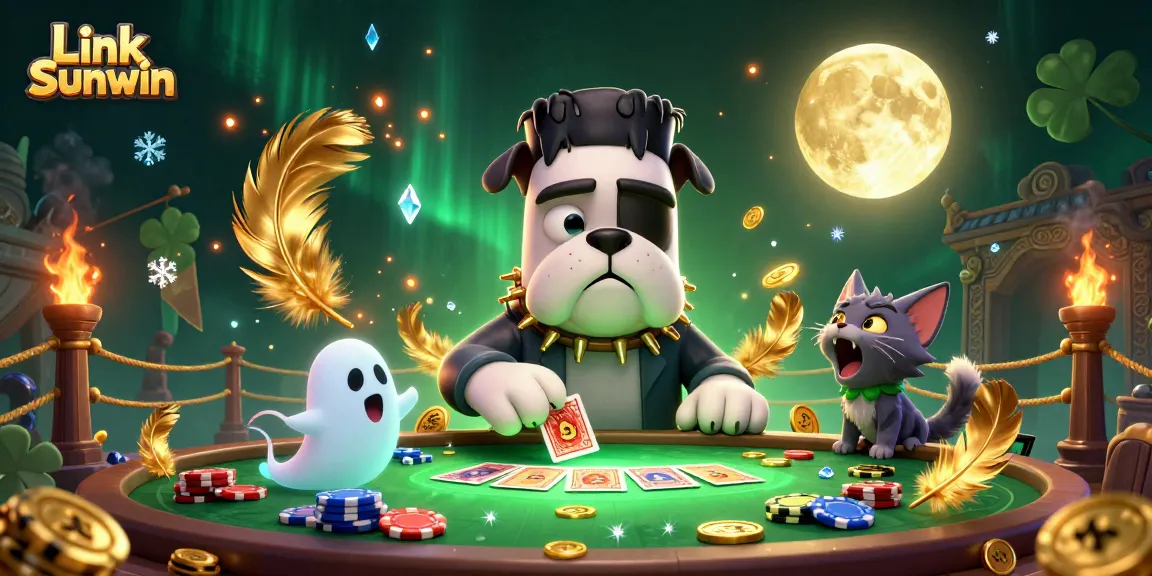 Engage with Link Sunwin while enjoying a thrilling card game dealt by a monster at a haunted table.
