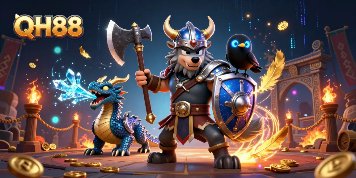 Experience thrilling gameplay with QH88 in a vibrant dragon and wolf warrior scene.